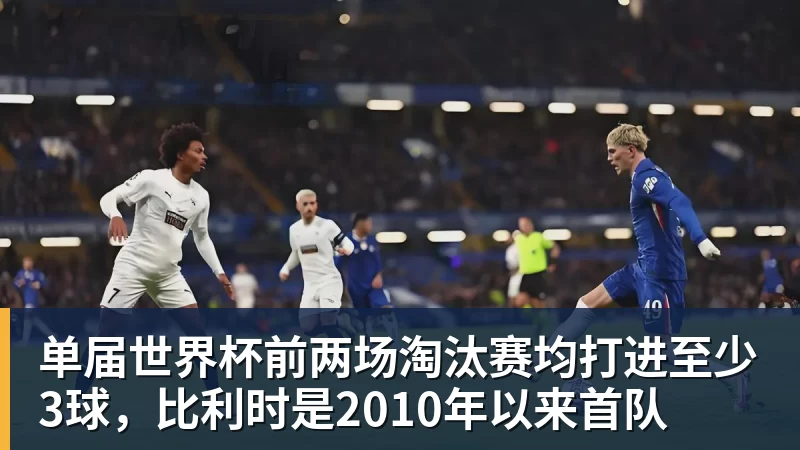 单届世界杯前两场淘汰赛均打进至少3球，比利时是2010年以来首队